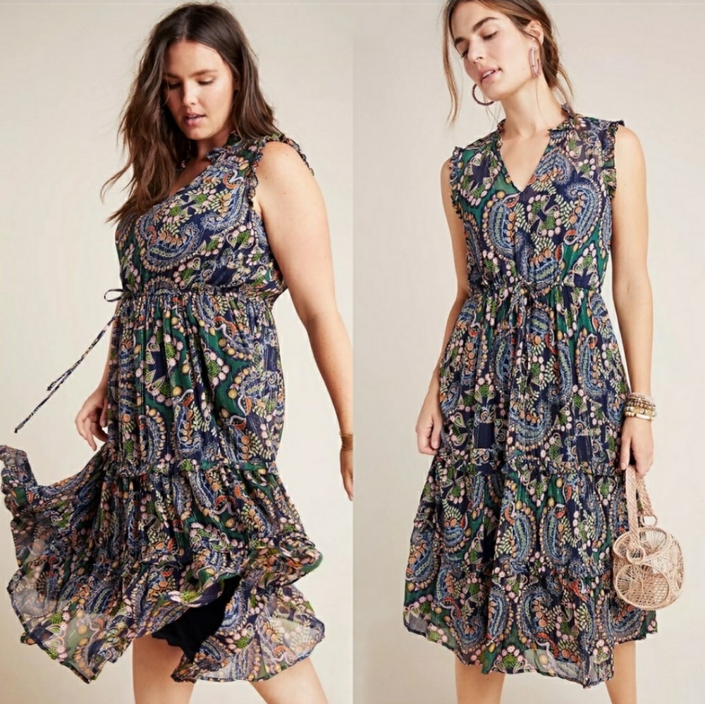 Anthropologie Elmira Ruffled Midi Dress Floral Motif Size 2